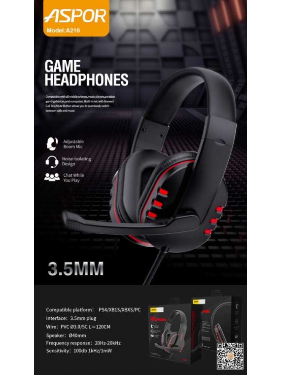 ASPOR A216 GAMING HEADPHONE AUX 3.5MM BLACK