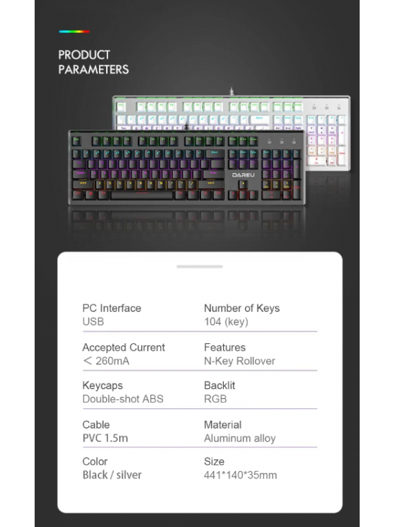 DAREU LK165 FULL SIZE WIRED HYBRID COLOR RGB BACKLIT REAL MECHANICAL GAMING KEYBOARD BLACK