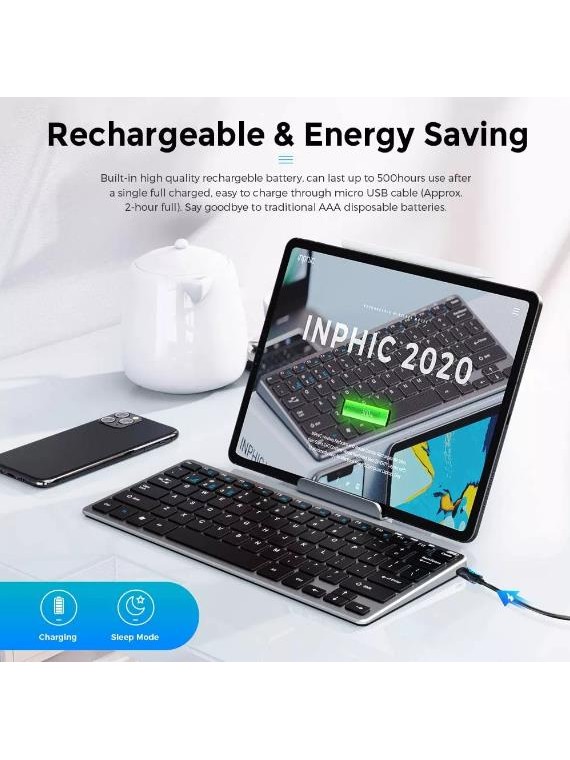 INPHIC V780B Multi-Device Rechargeable Bluetooth + 2.4G Wireless Keyboard GREY