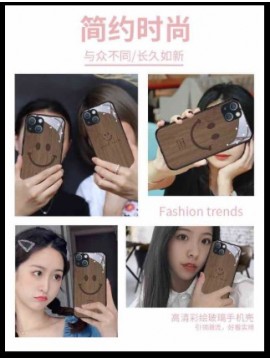 PHONE CASE FOR IPHONE 13 SERIES WOOD SMILEY BROWN
