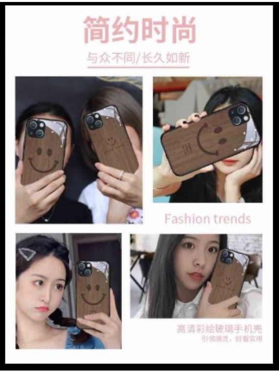 PHONE CASE FOR IPHONE 13 SERIES WOOD SMILEY BROWN