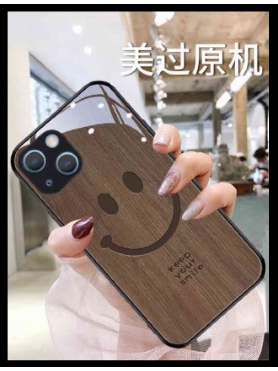 PHONE CASE FOR IPHONE 13 SERIES WOOD SMILEY BROWN