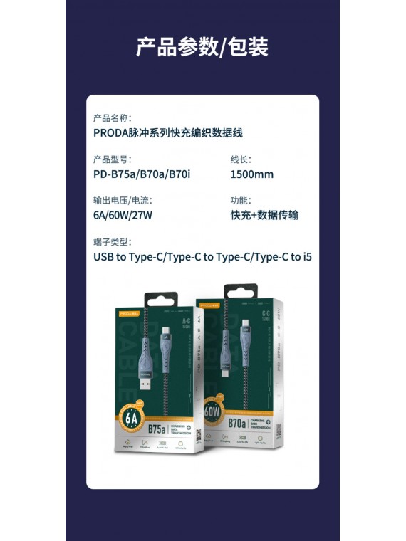 PRODA New PD-B70I Pulsing Series Braided Fast Charging Cable 27W Black