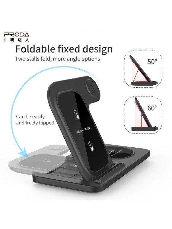 PRODA PD-W8 3-in-1 dual 15W Folding Wireless Charger Black