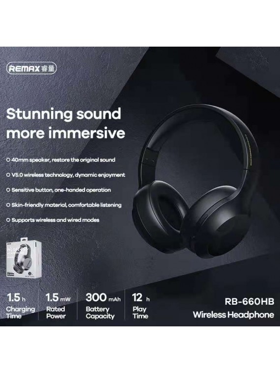 REMAX RB-660HB Multifunctional Wireless Bluetooth Headset with 3.5mm Audio Cable Black