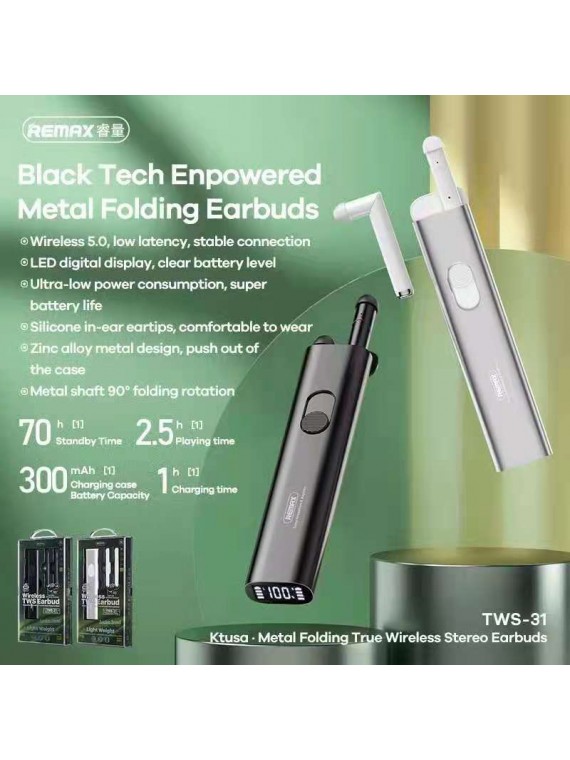 REMAX TWS-31 Ktusa Metal Folding True Wireless Stereo Earbuds Black