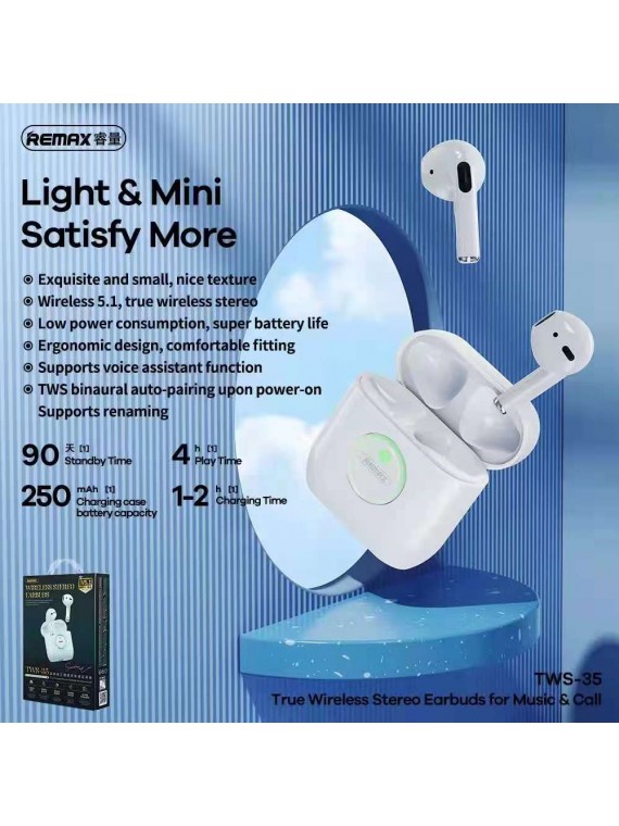 REMAX TWS-35 Wireless Stereo Earbuds for Music & Calls White