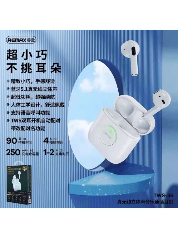 REMAX TWS-35 Wireless Stereo Earbuds for Music & Calls White