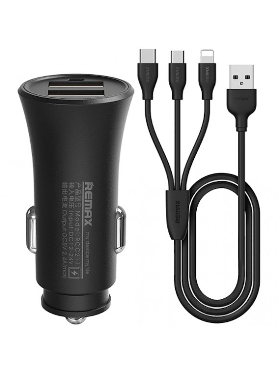 REMAX RCC217 Car Charger Set with 3 in 1 Cable 2.4A Black