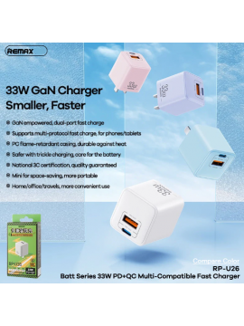 REMAX New RP-U26 Batt Series 33W PD+QC Multi Compatible Fast Charger Blue