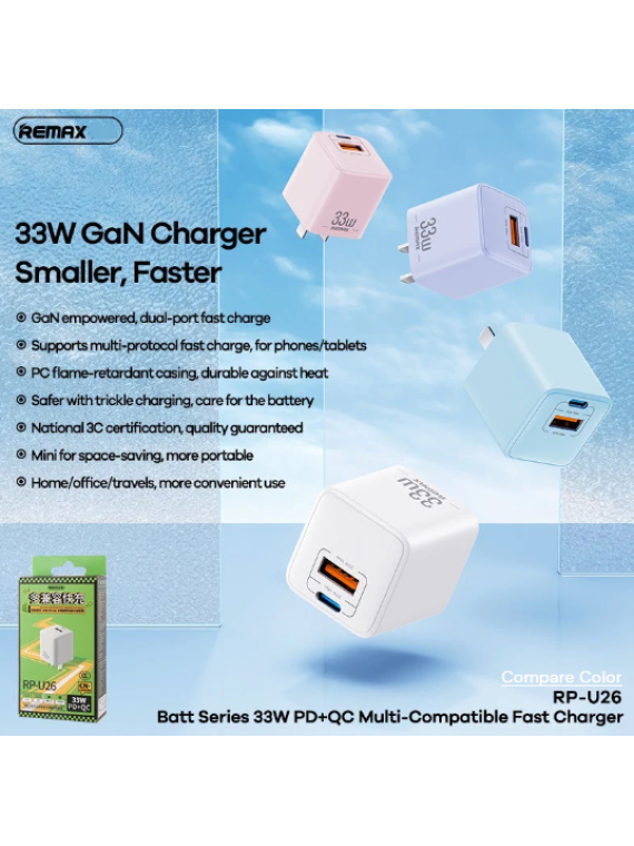 REMAX New RP-U26 Batt Series 33W PD+QC Multi Compatible Fast Charger Purple