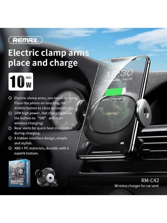 REMAX RM-C42 Phone Holder w/Wireless Charger Black