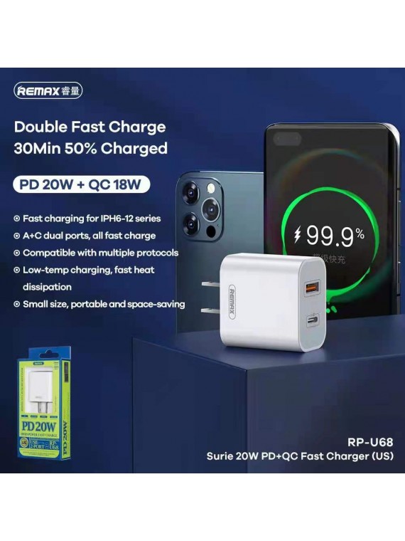 REMAX RP-U68 Surie Series 20W PD+QC Fast Charger (1C 1A) US White