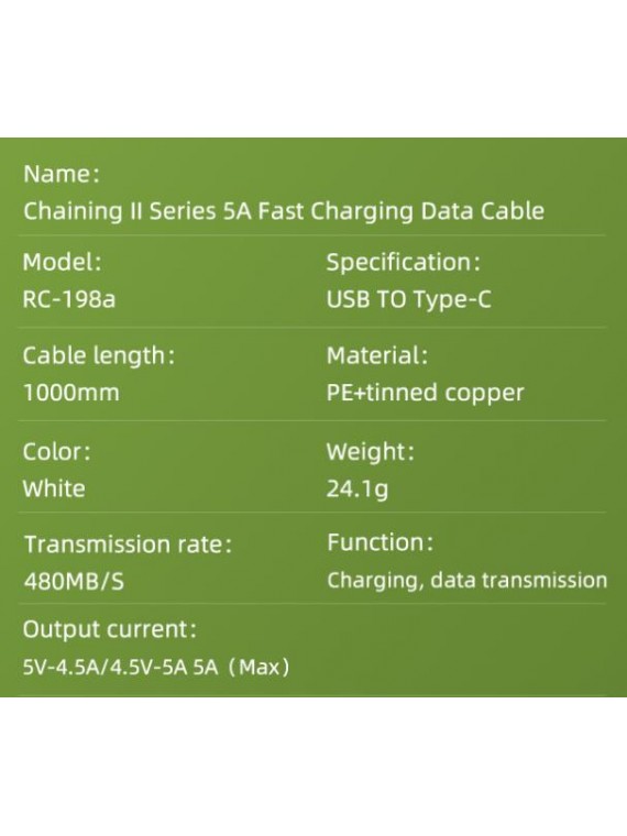 REMAX RC-198A Chaining Series II 5A Fast Charging Data Cable type c White