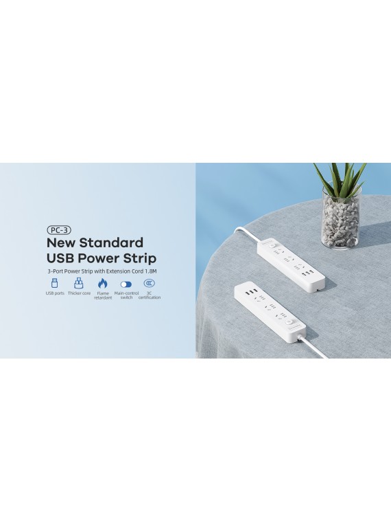 REMAX NEW PC-3 USB Power Strip with Extension Cord 3-Port 1.8M CN