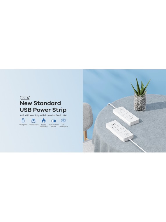 REMAX NEW PC-6 USB Power Strip with Extension Cord 6-Port 1.8M CN White