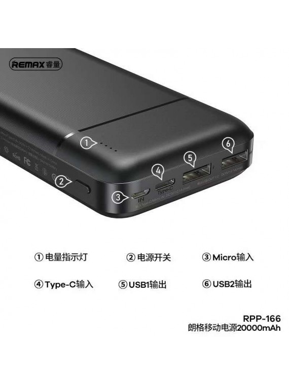 REMAX RPP-166 Lango Power Bank 20000mAh 2USB Black
