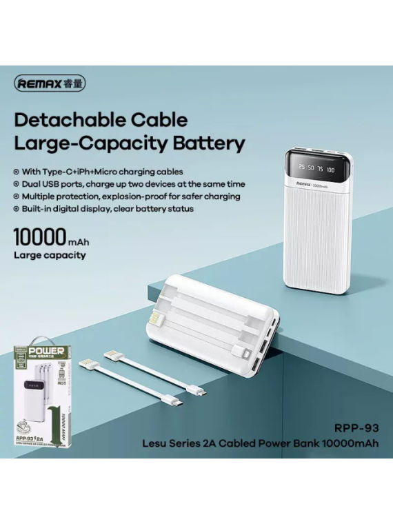 REMAX NEW RPP-93 Lesu Series 2A 10000mah Cabled Power Bank White
