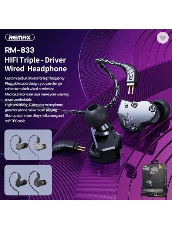REMAX RM-833 HIFI Trple-Driver Wired Headphone Black