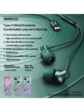 REMAX RM-512a Type-C Metal Wired Earphone for music & call Silver