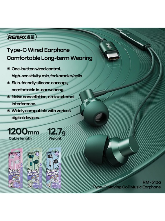 REMAX RM-512a Type-C Metal Wired Earphone for music & call Silver