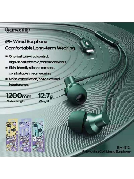 REMAX RM-512I Metal Wired Earphone For iPhone Green