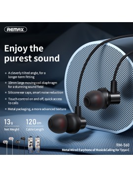 REMAX RM-560 Metal Wired Earphone for Type-C Black