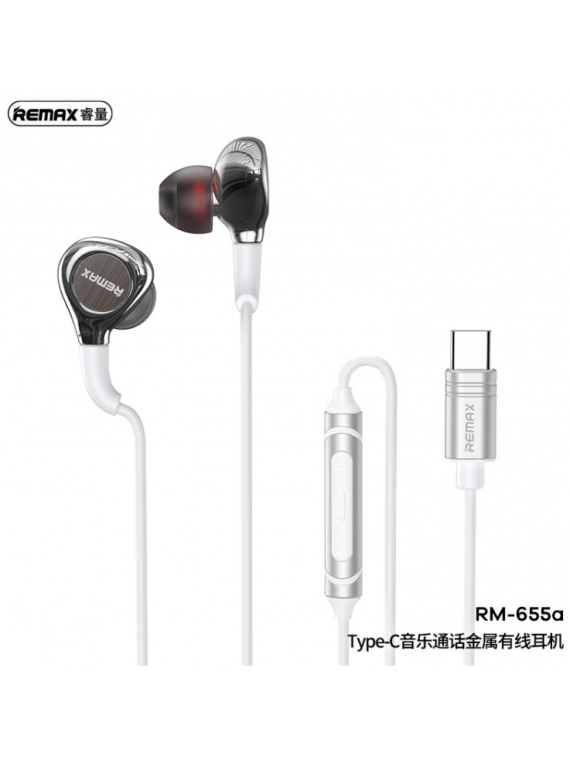 REMAX RM-655A Type-C Metal Wired Earphone for Music & Call Silver