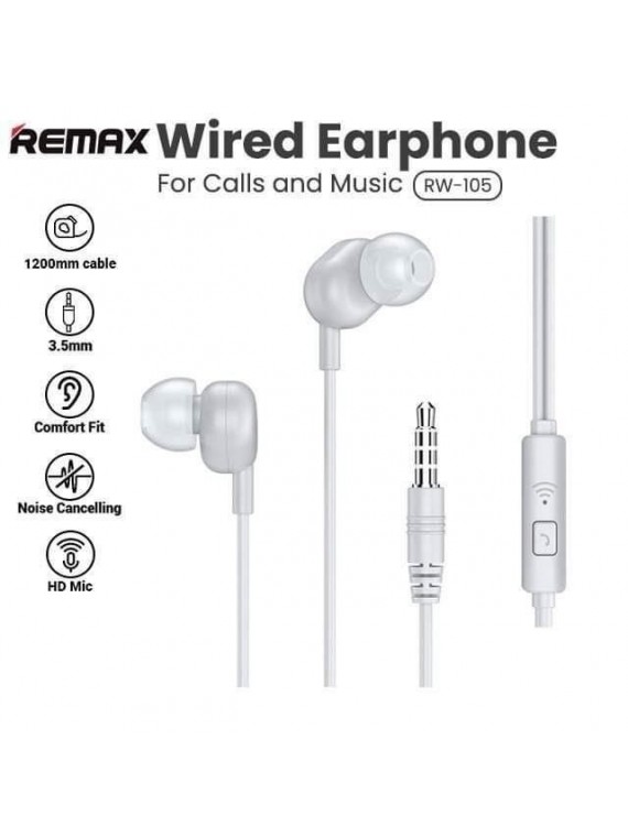 REMAX RW-105 Wired Earphone For Calls & Music White