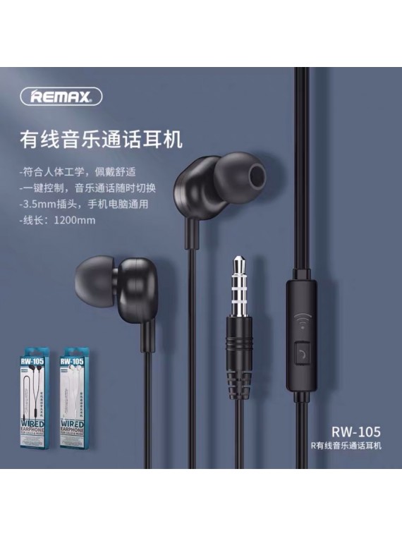 REMAX RW-105 Wired Earphone For Calls & Music White