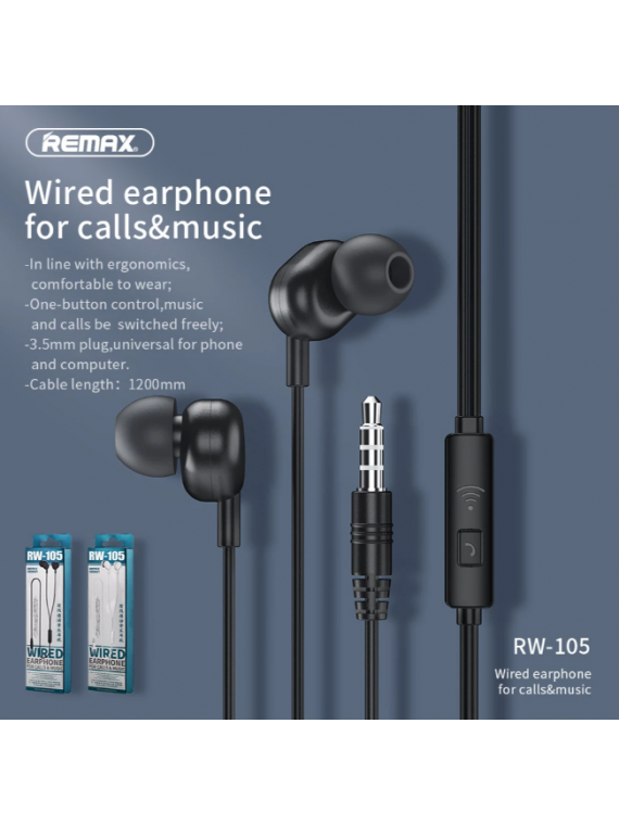 REMAX RW-105 Wired Earphone For Calls & Music White