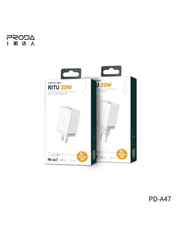 PRODA PD-A47a Reitou Series 20W Fast Charging Adapter MGI + Type-C Data Cable Set white
