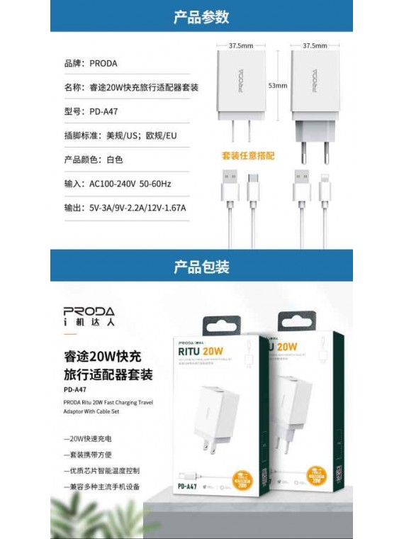 PRODA PD-A47a Reitou Series 20W Fast Charging Adapter MGI + Type-C Data Cable Set white