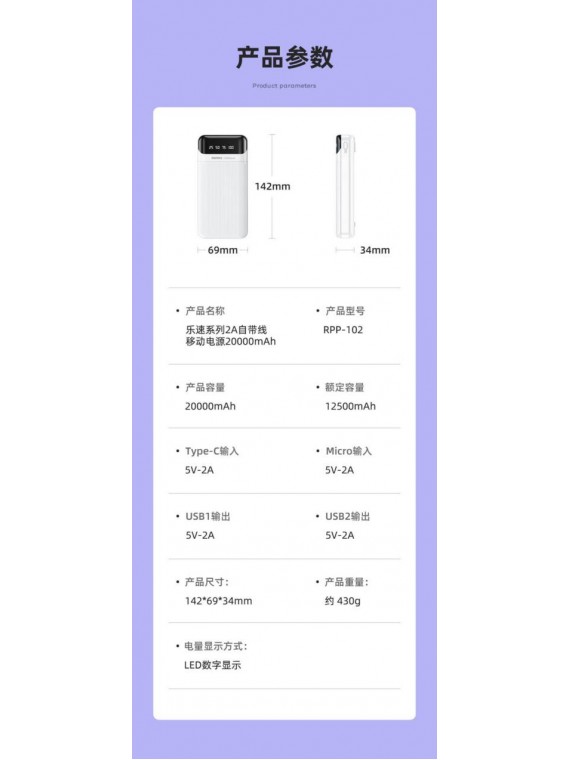 REMAX RPP-102 NEW Lesu Series 2A Cabled Power Bank 20kv mAh White