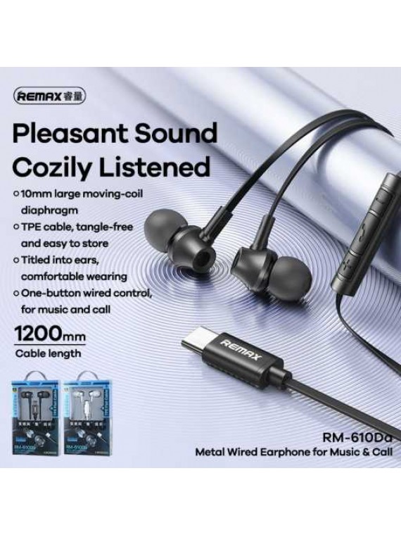 REMAX RM-610Da Metal Wired Earphone Music & Call For Type-C Silver